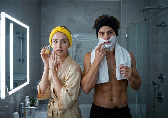 beautiful-young-couple-with-towels-on-their-heads-looking-at-each-other-while-shaving-in-bathroom-couple-morning-skincare-routine-photo